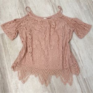 Society Girl Cold Shoulder Pink/Peach Lace Top Blouse Plus Size Shirt